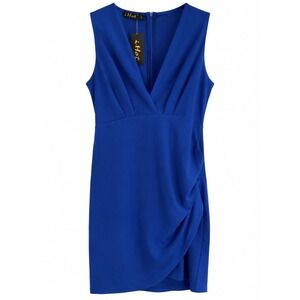 NWT iHot Royal Blue Wrap-Front Sheath Dress Size L Ruched V-Neck  Cocktail